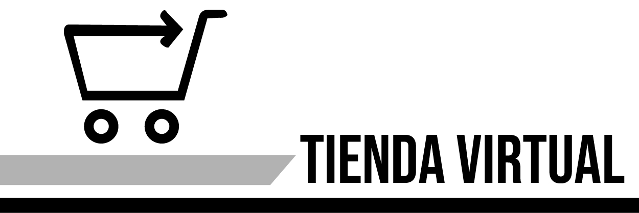 Icono de un carrito de compras con la palabra 'TIENDA VIRTUAL' en letras grandes.