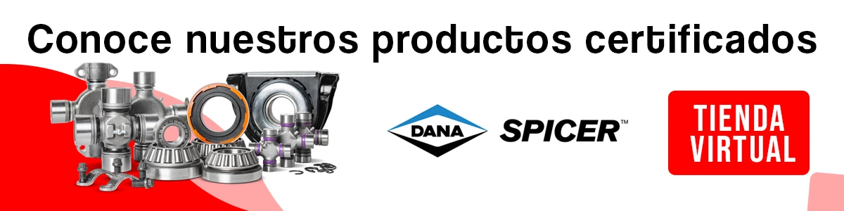Banner de promoción con piezas de automoción, incluyendo productos certificados de Dana Spicer y un enlace a la tienda virtual.