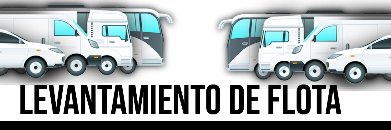 Ilustración de varios vehículos, incluyendo automóviles y camiones, con el texto 'Levantamiento de flota' en la parte inferior.
