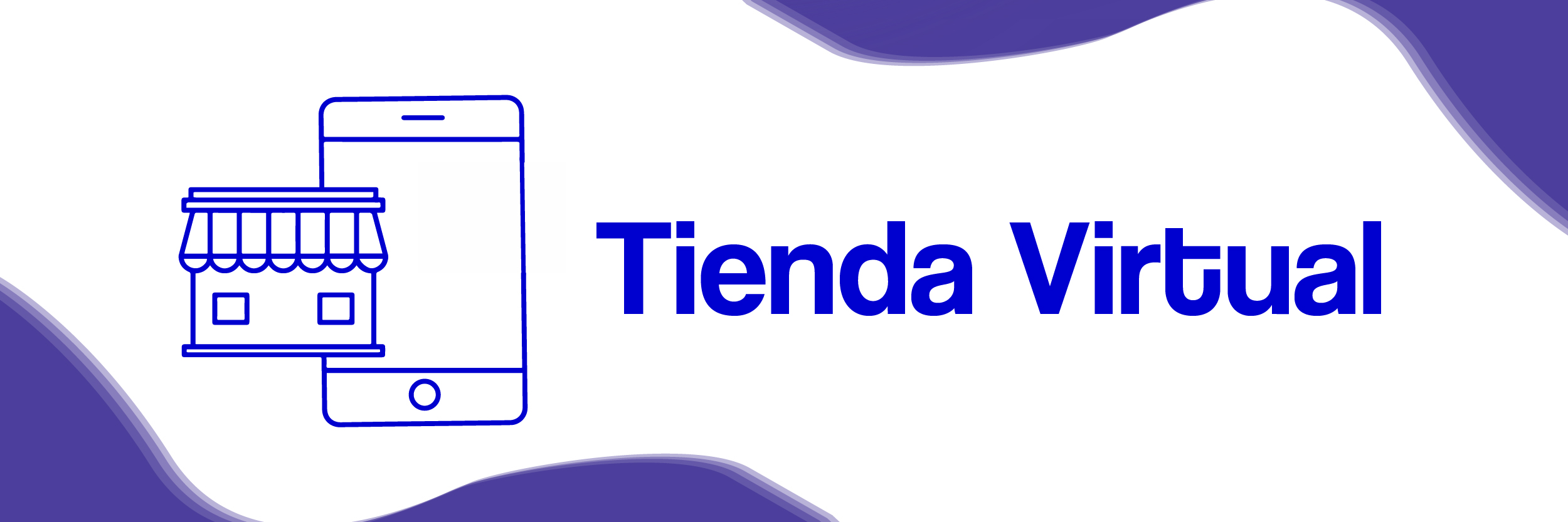 Logo de Tienda Virtual con un ícono de tienda y un teléfono móvil sobre un fondo blanco con diseño abstracto.
