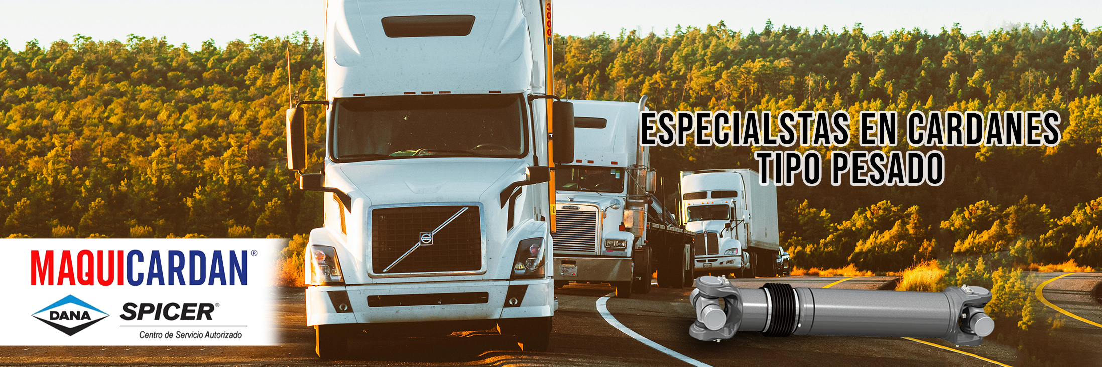 Camiones de carga en una carretera con árboles al fondo, destacando los servicios de Maquicardan en cardanes pesados.