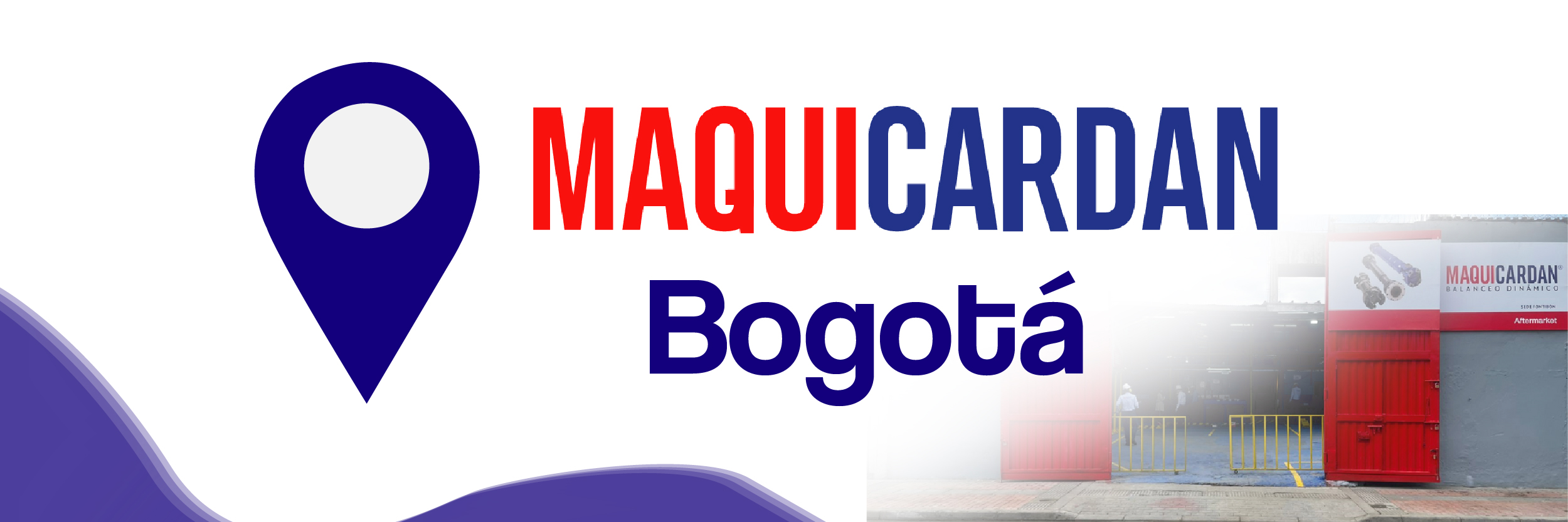 Logo de Maqui-Cardan S.A.S. con el texto 'Bogotá' y un icono de ubicación, sobre un fondo que muestra la fachada de la empresa.