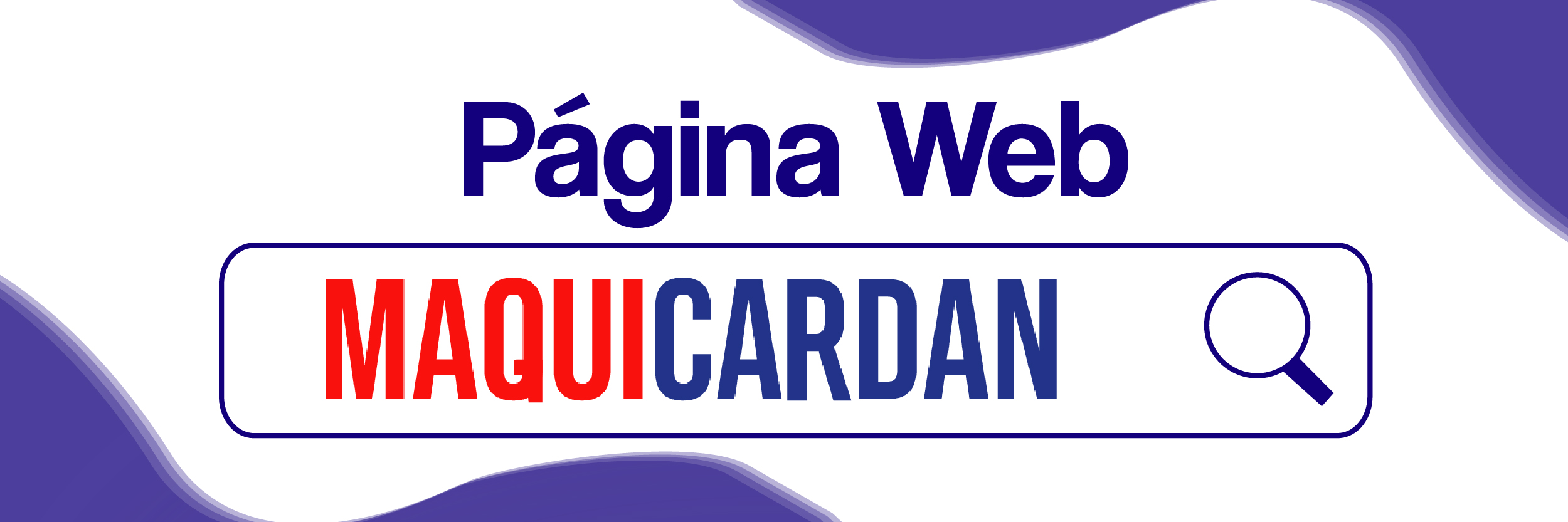Logo de Maqui-Cardan S.A.S. con el texto 'Página Web MAQUICARDAN' y un icono de búsqueda, sobre un fondo blanco con formas moradas.